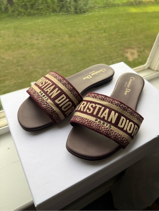 Dior Shoes - Dior Burgundy and Beige Logo Slide Mules